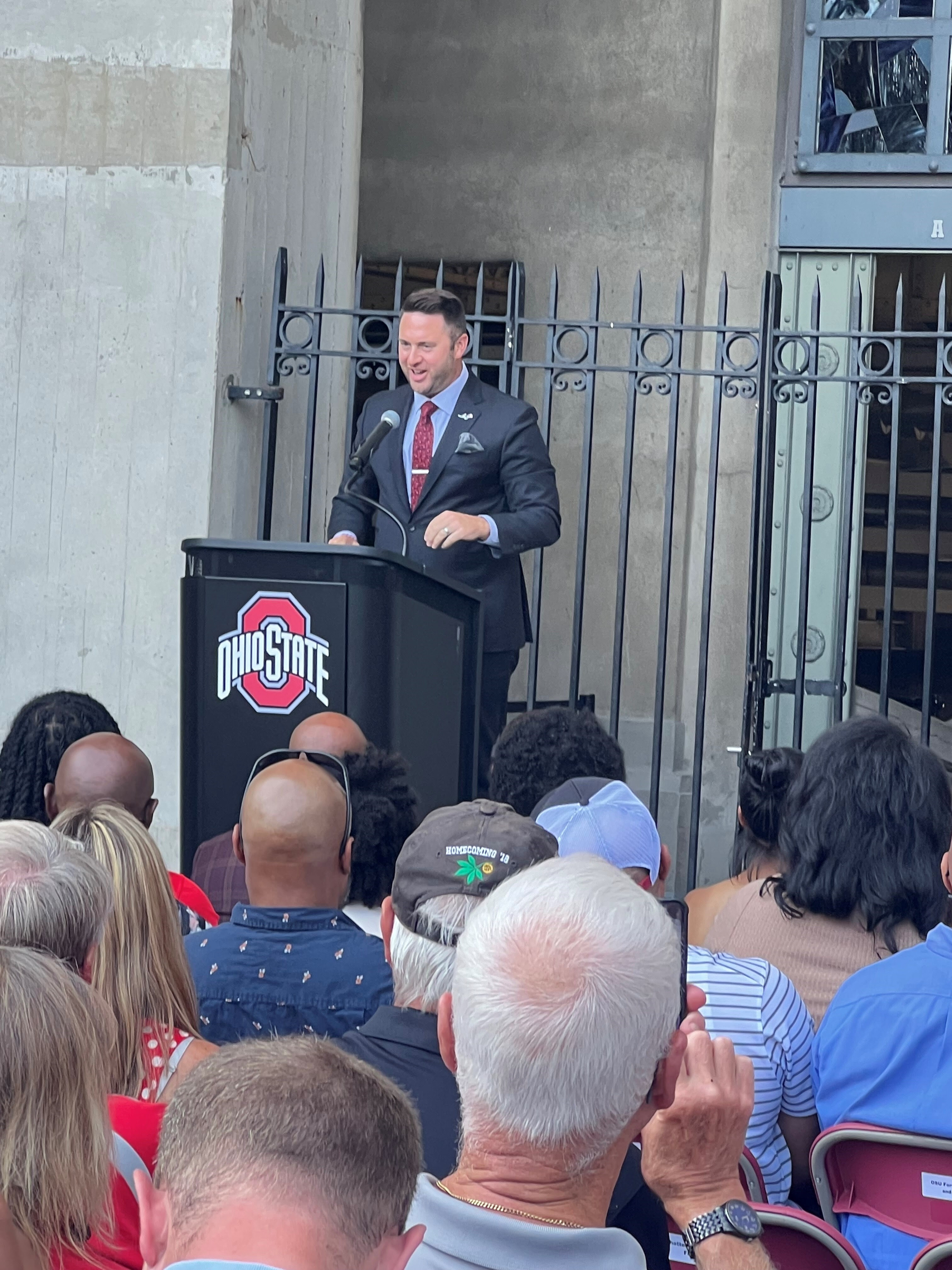 Dedan Brozino speaking at Ohio Stadium