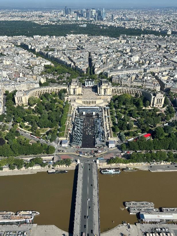 The site of the 2024 Olympics Opening Ceremonies on the Seine River as seen from the Eiffel Tower