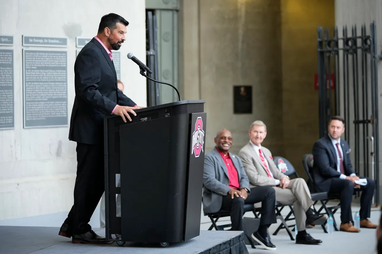 Coach Ryan Day speaking at Ohio Stadium